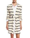 Tucson Striped Open-Front Cardigan, Blue Shadow