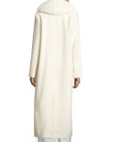 Long Fox-Trim Belted Felt Coat, White