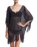 New Romantics Crocheted Caftan Coverup with Fringe, Charcoal