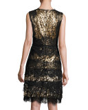 Sleeveless Tiered Lace & Sequin Cocktail Dress, Gold