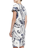 Short-Sleeve Printed Dress w/ Pleated Neck