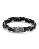 Men's Classic Chain Silver Braided Bracelet w/Leather Cord, Size M