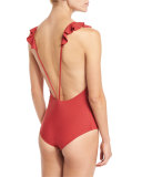 Victoria Ruffle One-Piece Swimsuit, Milos Floral Red