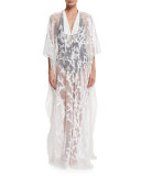 Printed-Mesh Long Caftan Coverup, Bianco