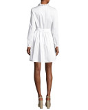 Long-Sleeve Belted Sateen Shirtdress, White
