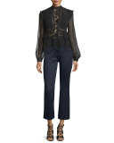 Floral-Lace Long-Sleeve Top, Black