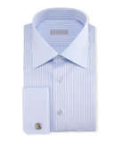 Contrast-Collar French-Cuff Striped Dress Shirt, Light Blue