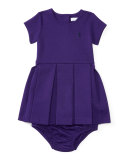 Pleated Ponte Dress w/ Bloomers, Purple, Size 9-24 Months