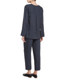 Printed Silk Split-Neck Popover Top, Coastal/Shark