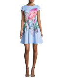 Bowkay Floral Fit & Flare Dress, Pale Blue