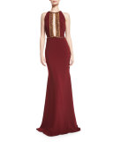 Chain-Trim Strappy-Back Gown, Bordeaux