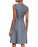 Sleeveless Multi-Print Tweed Dress, Bright Navy