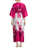 Floral-Print Charmeuse Long Wrap Robe, Fuchsia Print
