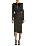 Drifter Long-Sleeve Silk Animal-Print Midi Dress, Green