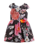 Cap-Sleeve Floral Mesh Dress, Multicolor, Size 7-16