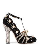 Ofelia Pearly Studded T-Strap Pump, Nero