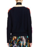 Floral-Embroidered Long-Sleeve Sweater, Navy