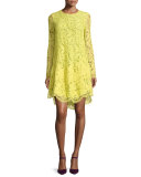 Long-Sleeve Trapeze Lace Dress, Citron