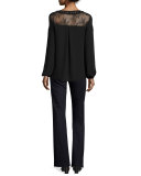 Phoebe Long-Sleeve Tasseled Lace-Yoke Silk Blouse, Black