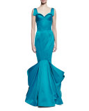 Sleeveless Pleated Mermaid Gown, Blue