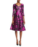 Floral 3/4-Sleeve V-Neck Dress, Fuchsia