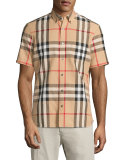 Linen-Blend Exploded Check Short-Sleeve Shirt, Camel