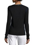 Engineered Rib-Knit Jewel-Neck Cardigan, Caviar/Azzurine
