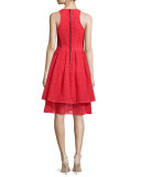 Sleeveless Eyelet-Overlay Sheath Dress, Flame