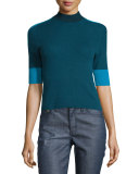 Megan Elbow-Sleeve Colorblock Cashmere Top, Oceano
