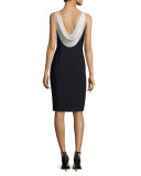 Sleeveless Silk-Trim Crepe Sheath Dress, Silver/Black
