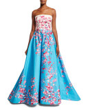 Strapless Magnolia Branch & Bird-Print Sateen Ball Gown