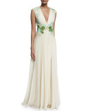 Sleeveless Floral-Embellished Grecian Gown, Champagne