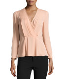 Long-Sleeve Georgette Wrap Top, Nude