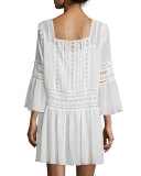 Creseda Bell-Sleeve Shift Dress w/ Lace, Vanilla