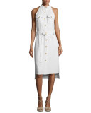 Sleeveless Studded Metallic Silk Shirtdress, Cream