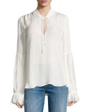 Carver Long-Sleeve Silk Tie-Front Blouse, Swan