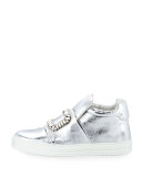 Strass-Buckle High-Top Sneaker, Silver