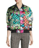 Arcade-Print Quilted Bomber Jacket, Green