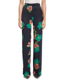 Floral Straight-Leg Pants, Black