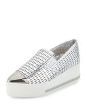 Perforated Cap-Toe Platform Sneaker, Silver (Argento)