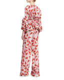Colorado High-Waist Leaf-Print Trousers, Red/Pink