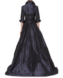 3/4-Sleeve Crisscross-Waist Trench Gown, Navy