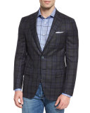 Super 140s Plaid Two-Button Sport Coat, Gray/Navy
