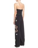 Raven Strapless Embroidered Wide-Leg Jumpsuit, Black/Multicolor