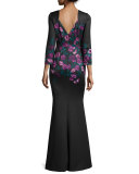 3/4-Sleeve Floral-Print Mermaid Gown