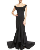 Off-The-Shoulder Ruffle-Inset Gown, Black