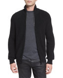 Harleston Zip-Up Ribbed Wool Sweater, Charcoal Melange
