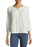 Bordeaux Lace-Up 3/4-Sleeve Top, Natural