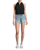 Sleeveless Washed Poplin Bodysuit, Black