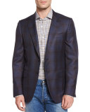 Plaid Two-Button Sport Jacket, Navy/Brown